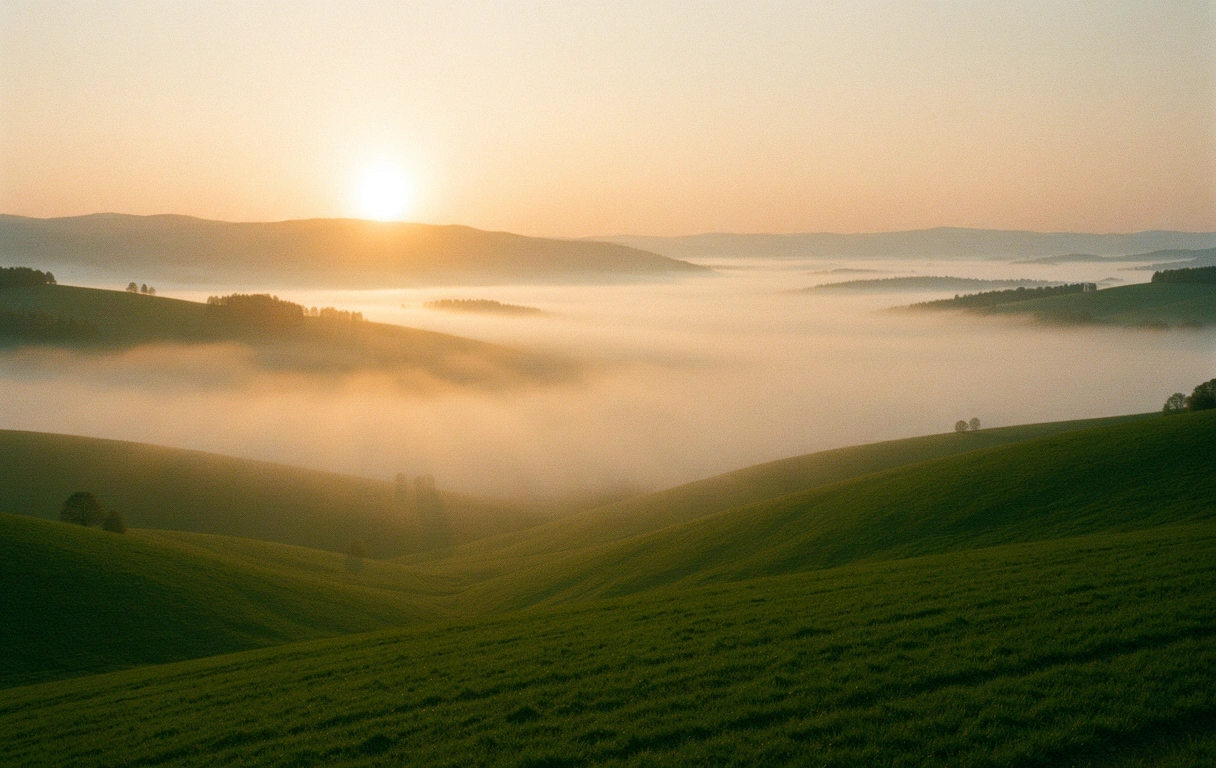 Ranná hmla nad krajinou reprezentujúca čistú myseľ